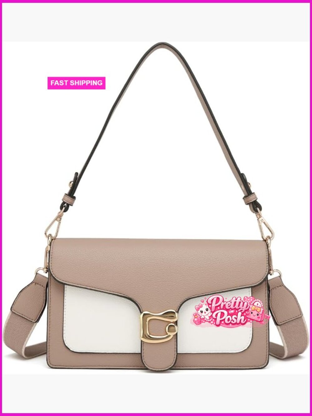 Crossbody Handbag with 2 Detachable Straps - Faux Leather Satchel